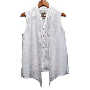 Crisp White Sleeveless 100% Linen Blouse with Front Open Scarf Panels Size Small